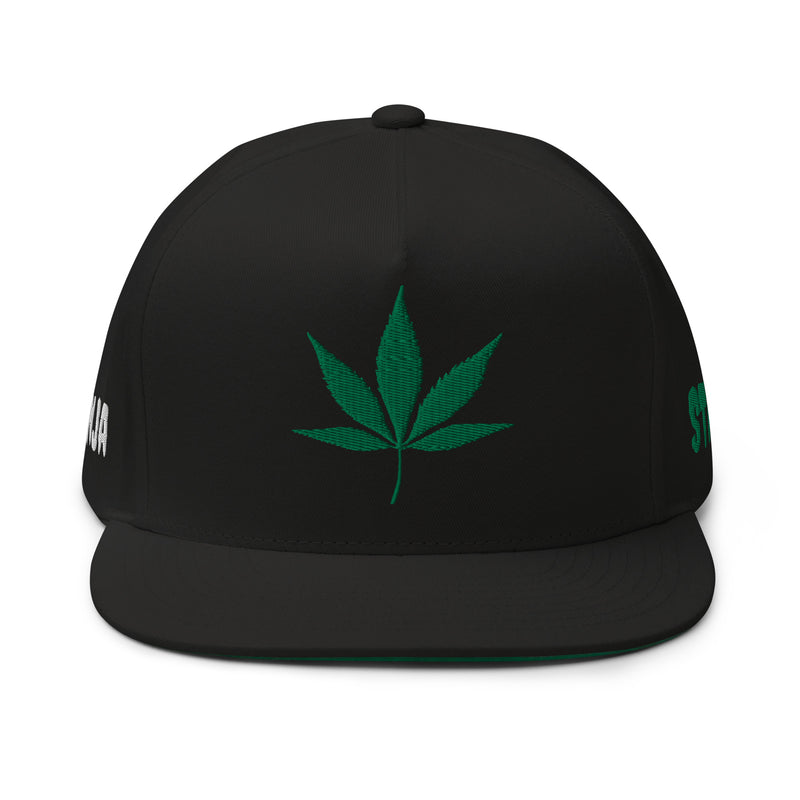 SnapBack Flat Bill Cap - Weed Leaf Design - Fashionable Urban Street Wear - Unisex Athletic Wear