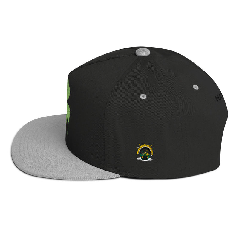 SnapBack Flat Bill Cap - Four Leaf Clover Leprechaun Design - Fashionable Urban Street Wear - Unisex Athletic Wear