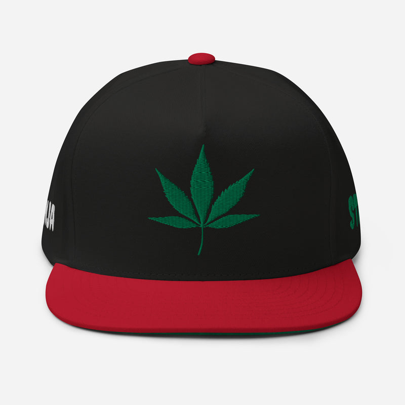 SnapBack Flat Bill Cap - Weed Leaf Design - Fashionable Urban Street Wear - Unisex Athletic Wear