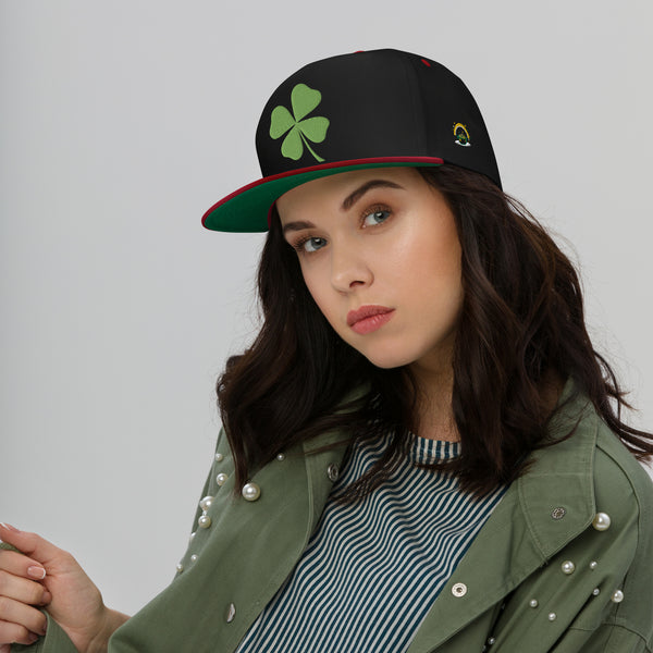 SnapBack Flat Bill Cap - Four Leaf Clover Leprechaun Design - Fashionable Urban Street Wear - Unisex Athletic Wear