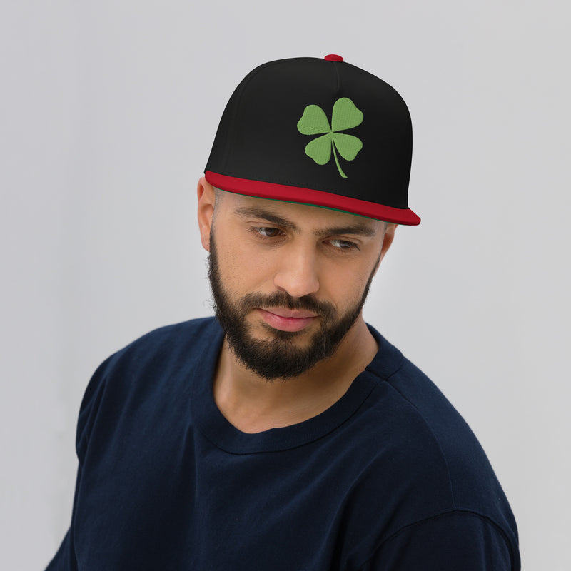 SnapBack Flat Bill Cap - Four Leaf Clover Leprechaun Design - Fashionable Urban Street Wear - Unisex Athletic Wear