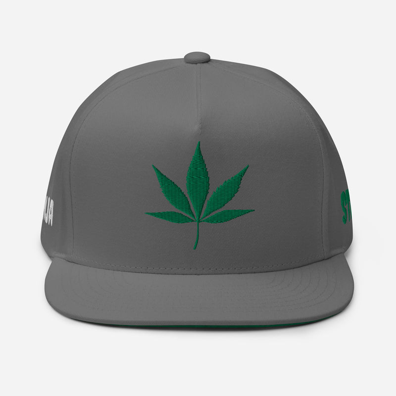 SnapBack Flat Bill Cap - Weed Leaf Design - Fashionable Urban Street Wear - Unisex Athletic Wear