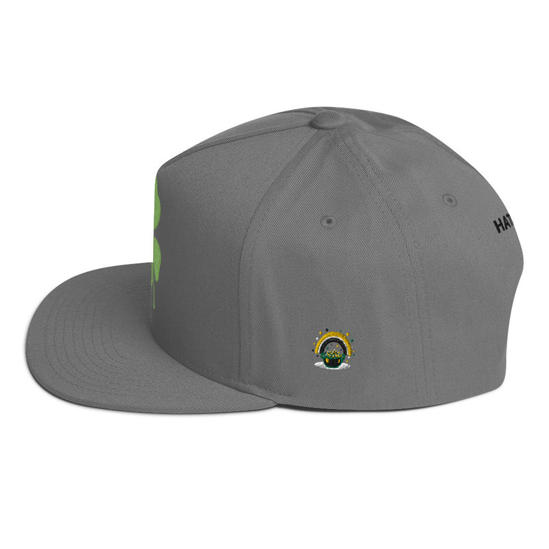 SnapBack Flat Bill Cap - Four Leaf Clover Leprechaun Design - Fashionable Urban Street Wear - Unisex Athletic Wear