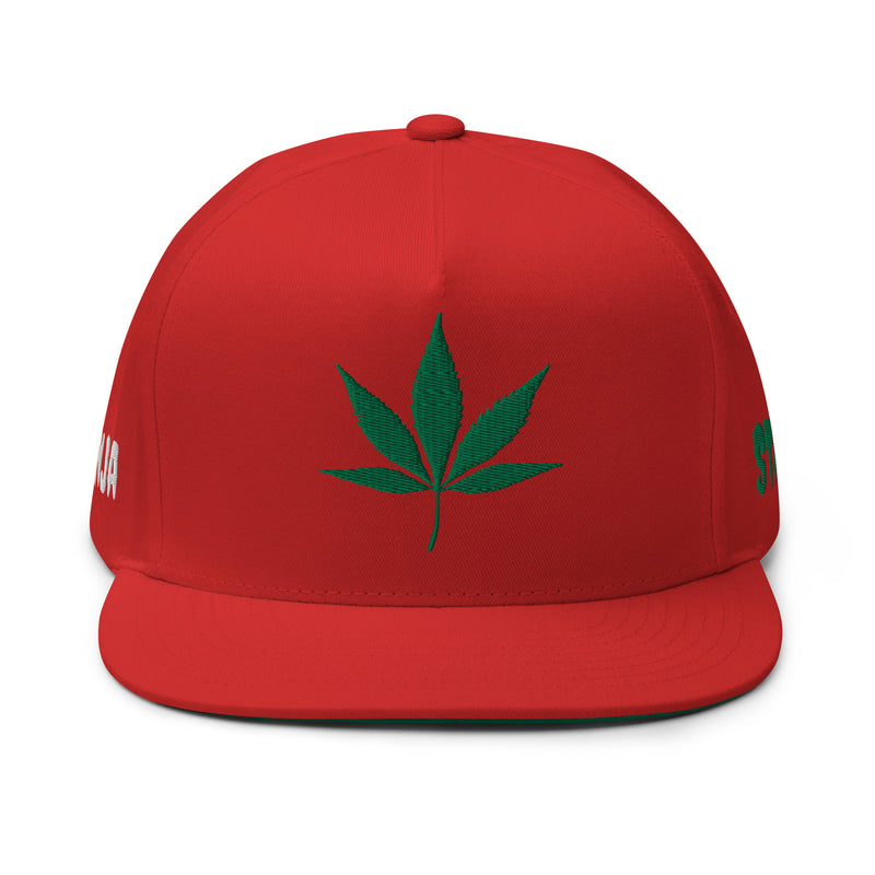 SnapBack Flat Bill Cap - Weed Leaf Design - Fashionable Urban Street Wear - Unisex Athletic Wear