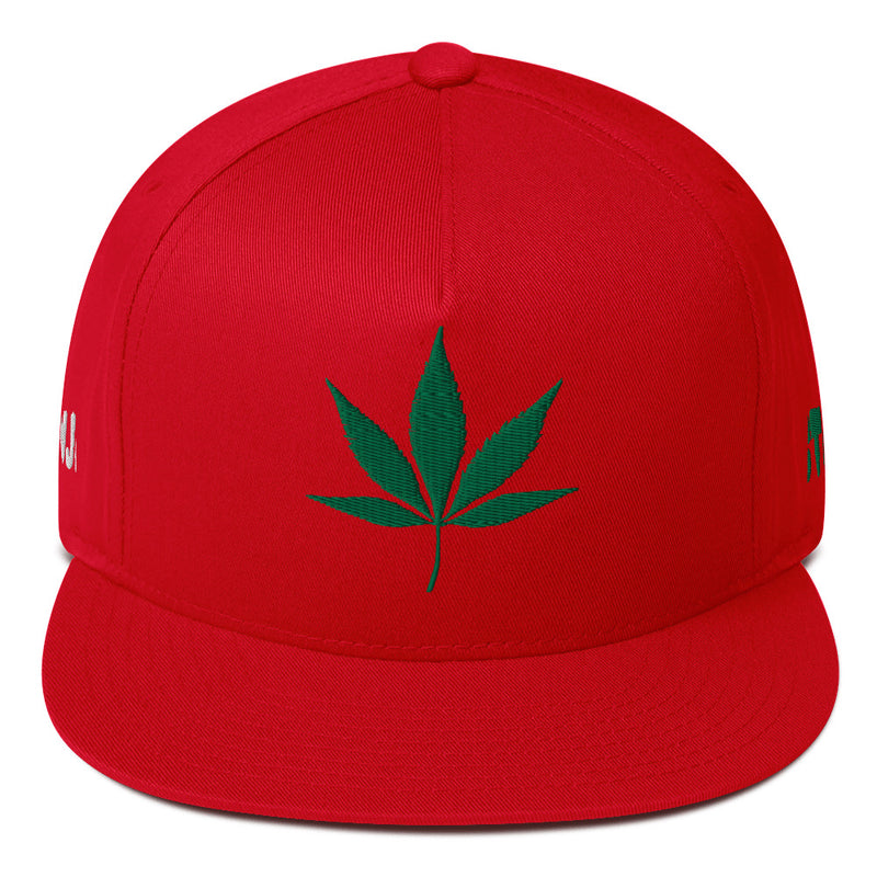 SnapBack Flat Bill Cap - Weed Leaf Design - Fashionable Urban Street Wear - Unisex Athletic Wear