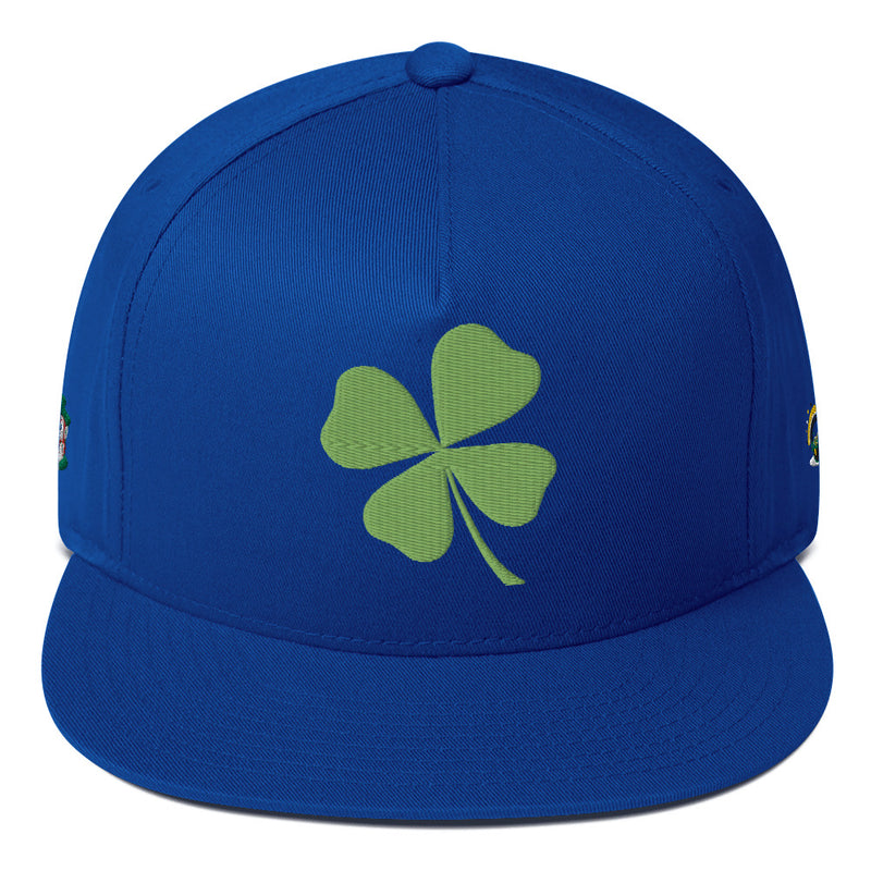 SnapBack Flat Bill Cap - Four Leaf Clover Leprechaun Design - Fashionable Urban Street Wear - Unisex Athletic Wear